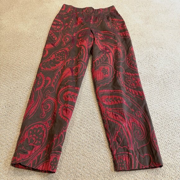 Lafayette 148 Brown Pants Red Paisley Embossed Boho Side Zip Elastic Waist Sz 6 - Picture 1 of 13